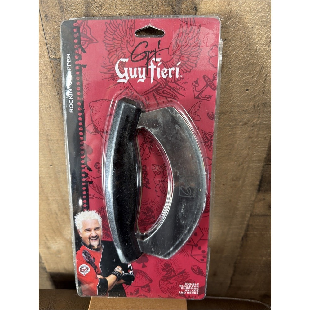 Guy Fieri Hand Held Double Blade Food Chopper Mezzaluna Salad Herb Knife Black